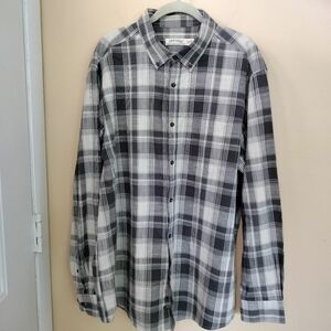 Faded Glory Mens Button Down Cotton Gray Ceam Plaid Shirt L Western Casual